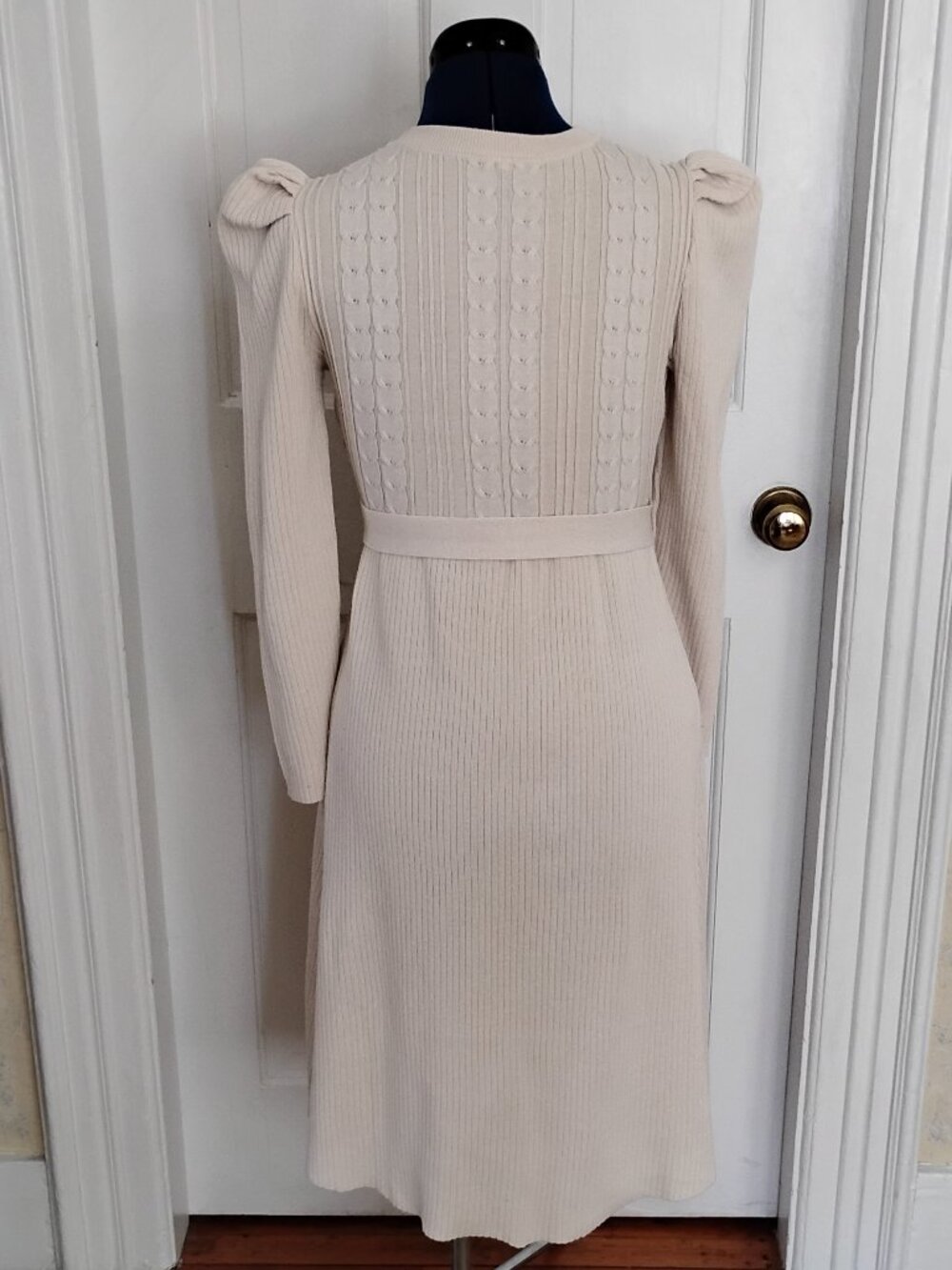 Cream Cable Knit Puff Sleeve Sweater Dress - Picture 2 of 7